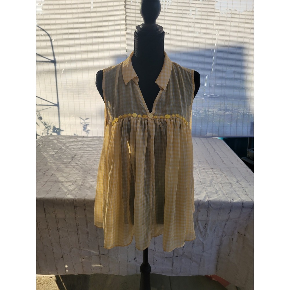 Yellow Gingham Sleeveless Babydoll Blouse Sheer V-Neck Empire Waist Top
